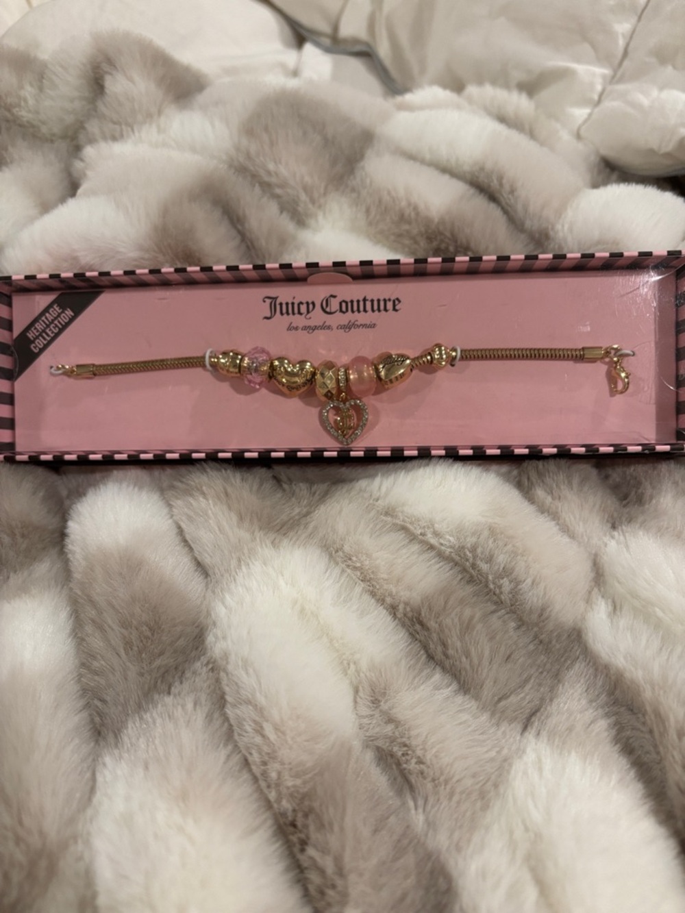 Juicy Couture Gold Bracelet with Pink Heart Charms and Dangle